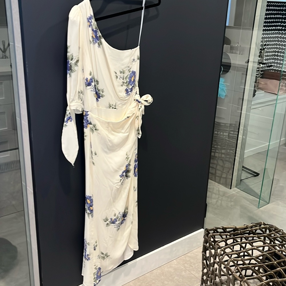 Reformation One Shoulder Dress in Cream and Blue Floral